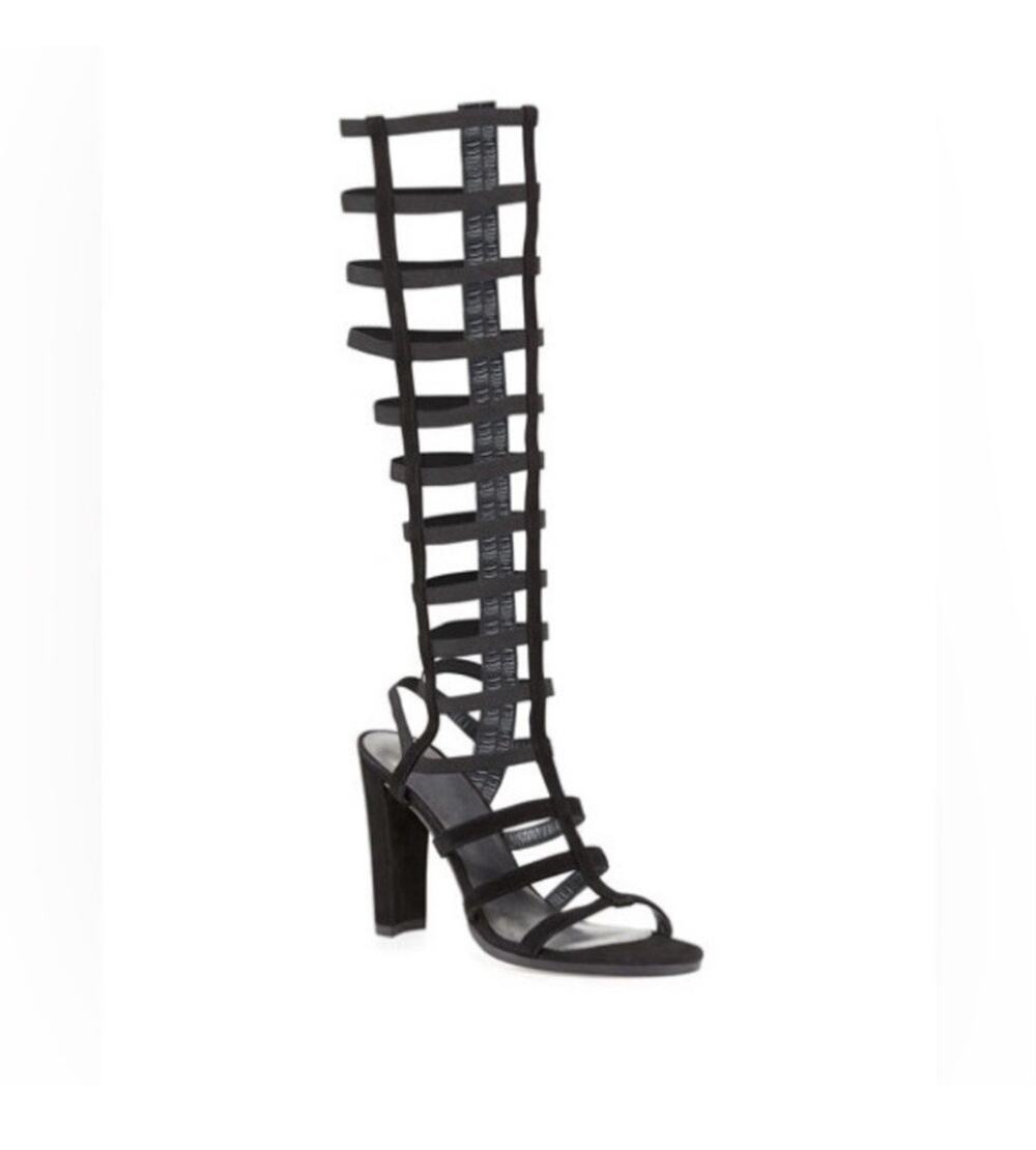 Stuart Weitzman Sandal Black Tall Gladiator Strappy Open Toe Block Heel Cage 6.5